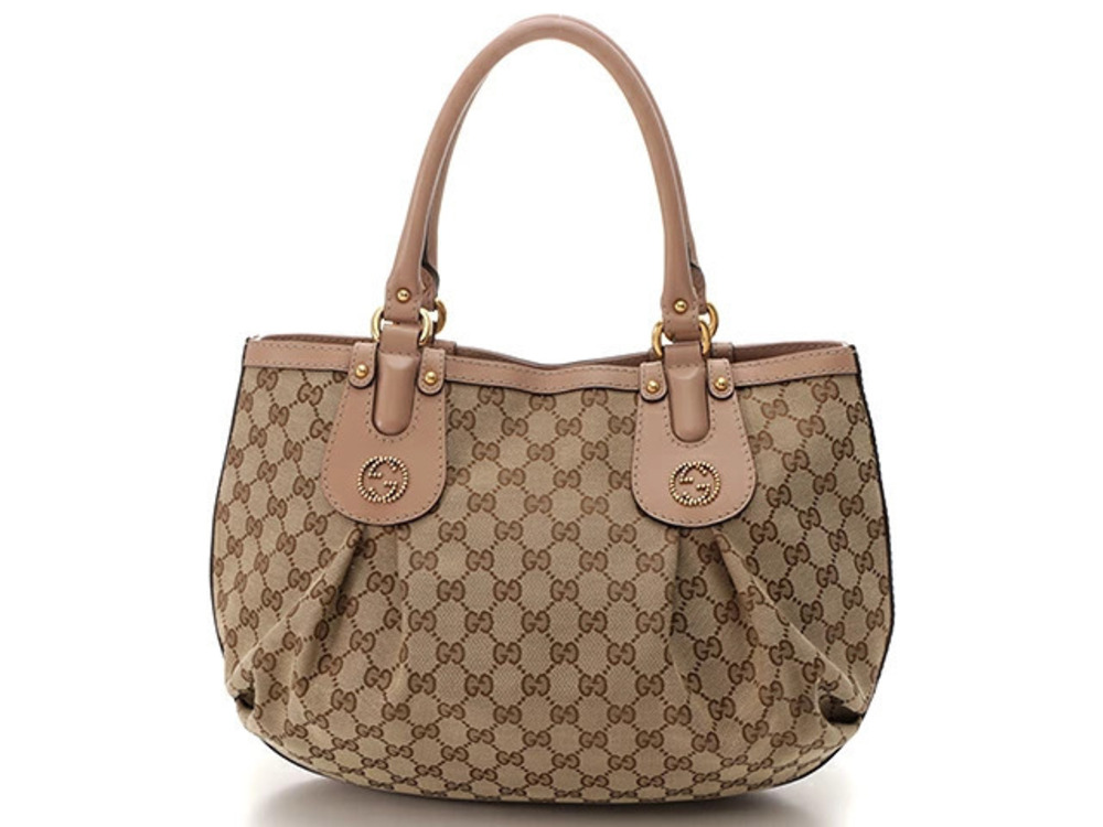 Gucci GG Canvas Tote Bag Leather Beige Cream Pink